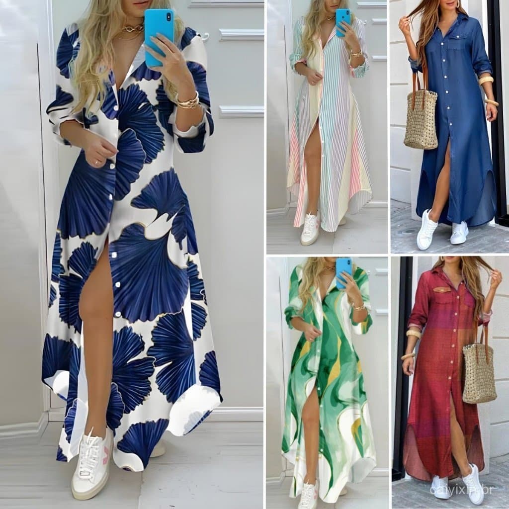 Vestido de Manga Longa, Camisa Solta com Decote em V e Botões, Para Uso Casual no Escritório, Comprimento Longo 9PS7