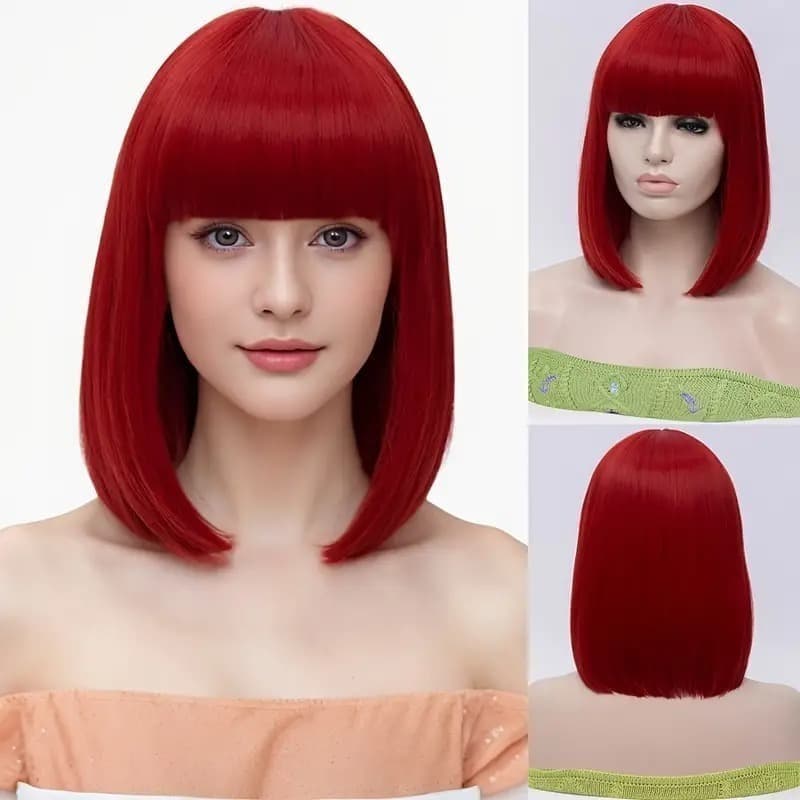 TOP HAIR MAYA-200C Peruca Bob Vermelha com Franja 30cm 180g Fibra Orgânica Premium Lace Cosplay Anime Pronta Entrega