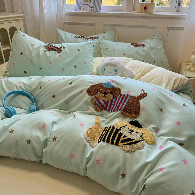 Merad estrela cão toalha bordado lavado algodão cama conjunto de quatro peças dos desenhos animados colcha capa folha do