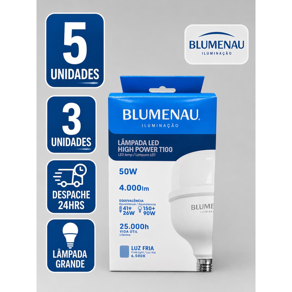 Kit 5/ 3 /2 Lampadas Led 50w Alta Potencia Bivolt 6500k Branco Frio Blumenau Iluminação Galpão Super Bulbo Grande Forte