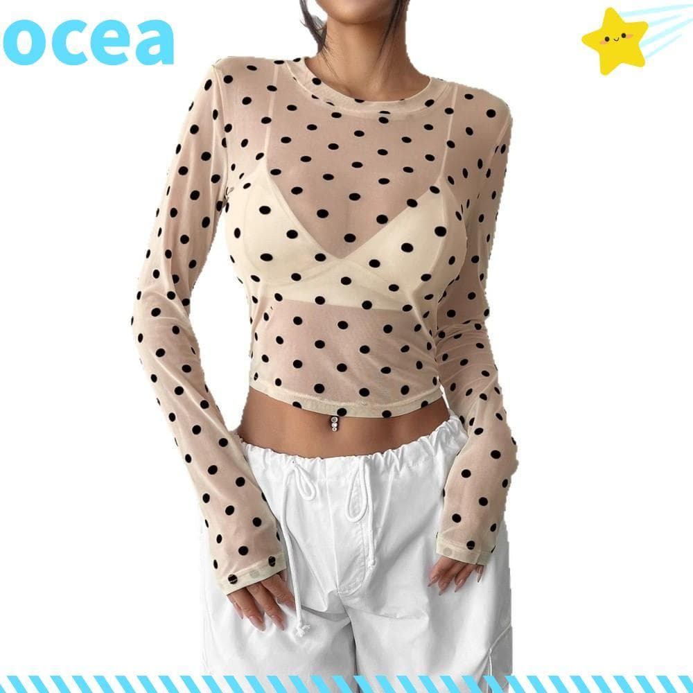 Camiseta De Manga Comprida OCEA , Blusa Transparente De Bolinhas , Tecido , Gola Redonda , Corte Justo , Verão