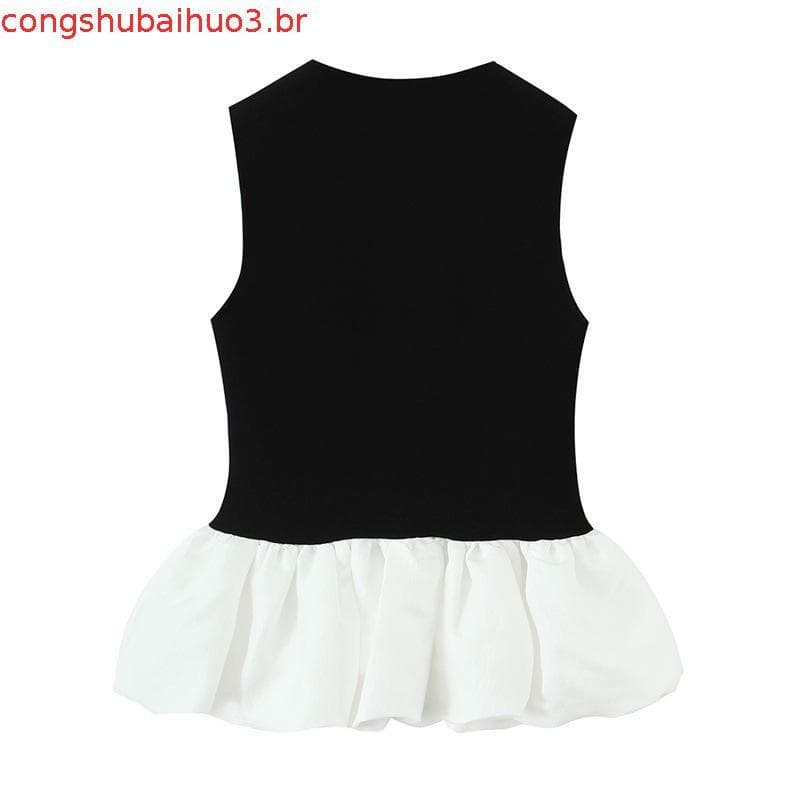 ZA Novo produto roupas femininas cor contrastante redonda sem mangas Look mais fino costura Top elástico 5584213
