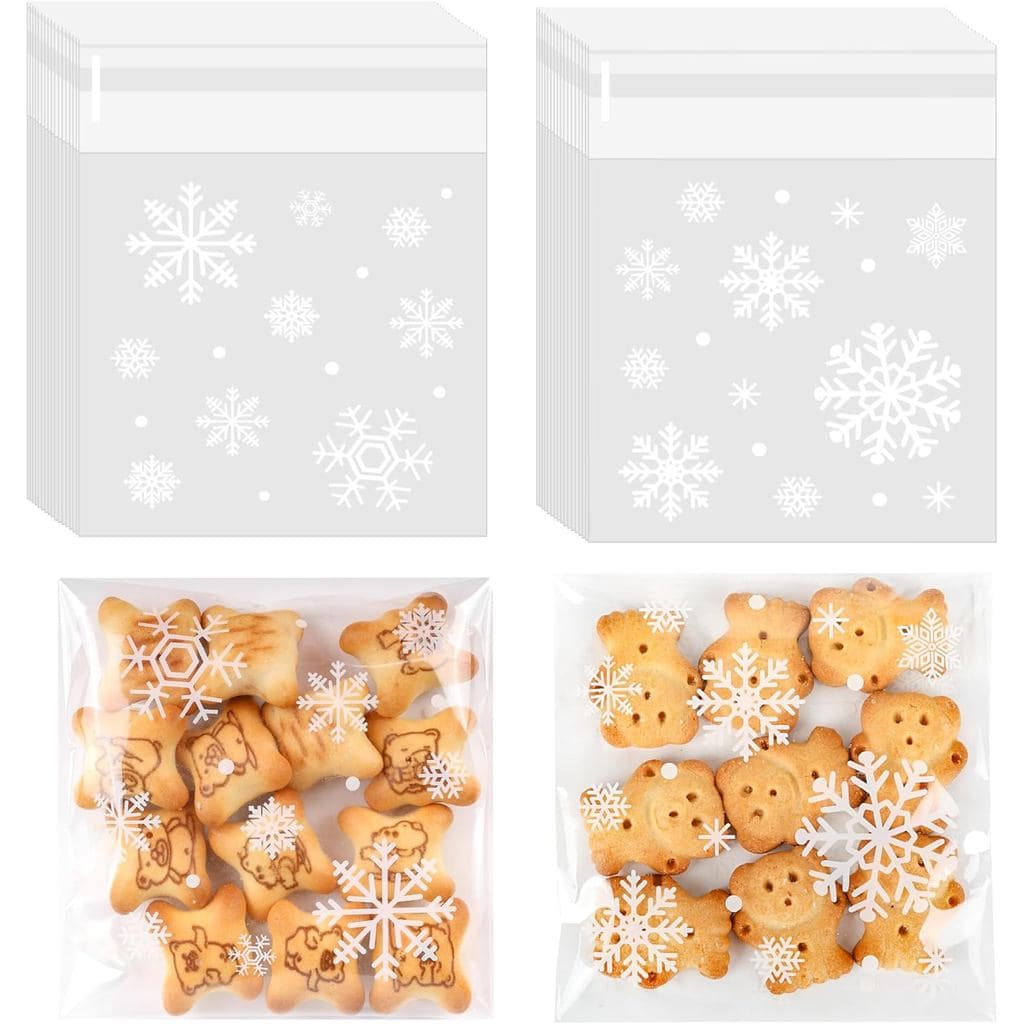Sacos de Biscoitos Autoadesivos de Natal 4x4 - 100 unidades de Sacos de Celofane com Flocos de Neve para Presentes, Emba