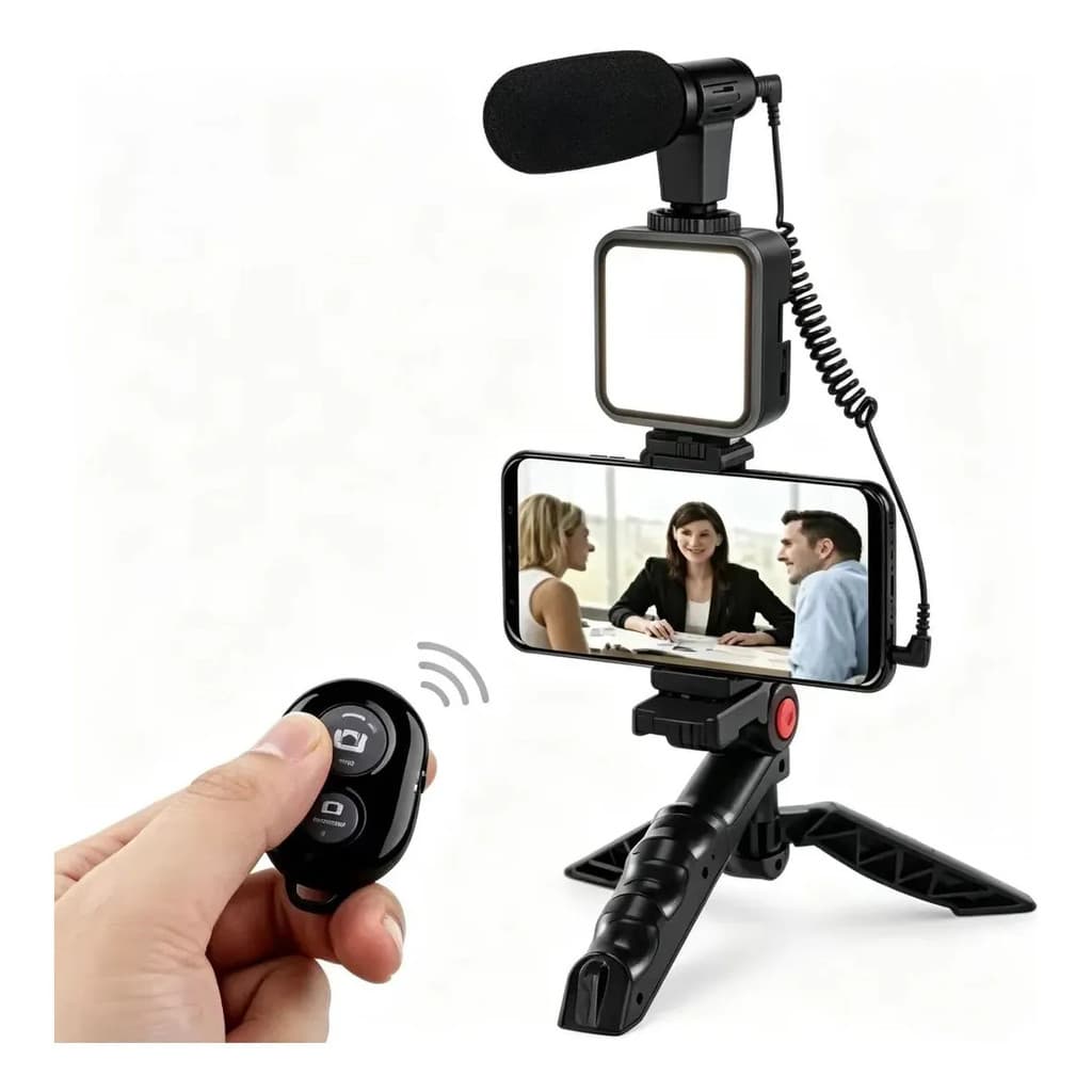 Kit Tripé 5 em 1 Com Iluminação Led E Microfone Para Transmissão Ao Vivo E Celular