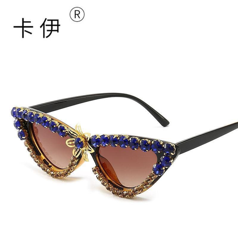 Óculos de Sol Femininos em Forma de Olho de Gato com Cristais e Flores, Óculos Vintage Pretos com Strass