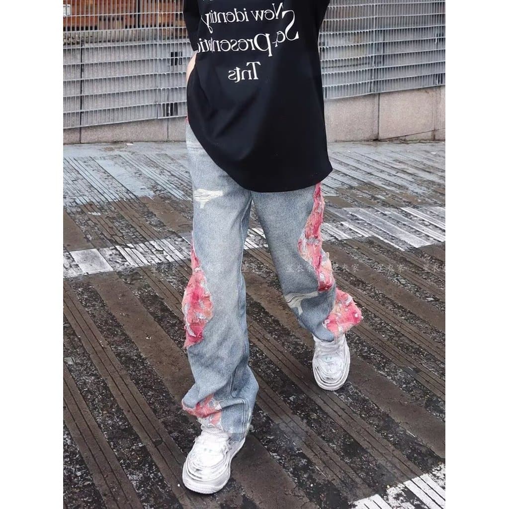 Calças de vibração bordadas americanas masculinas na moda All-Match lavado bordado Jeans masculino calças retas Micro-qu