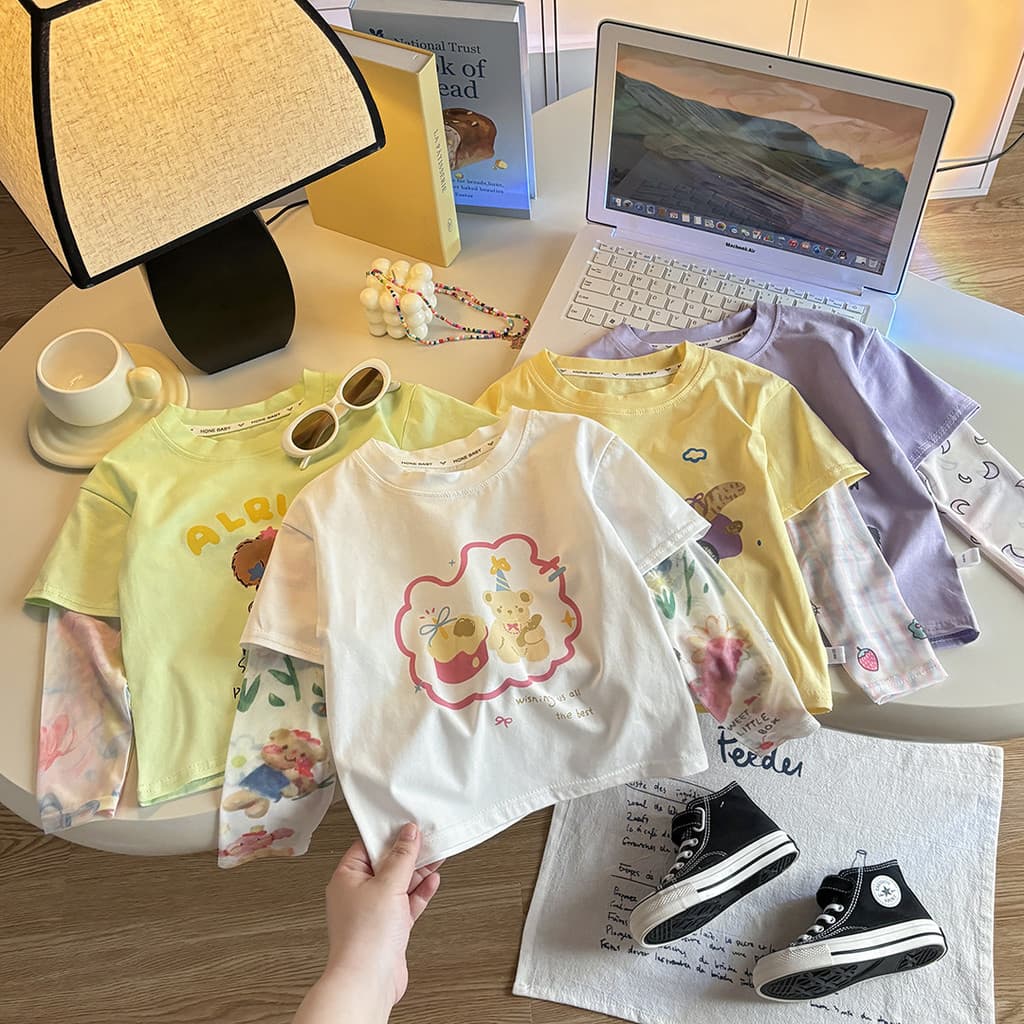 Verão estilo fino meninas protetor solar roupas falso de duas peças de manga comprida camiseta feminina bebê verão dos d