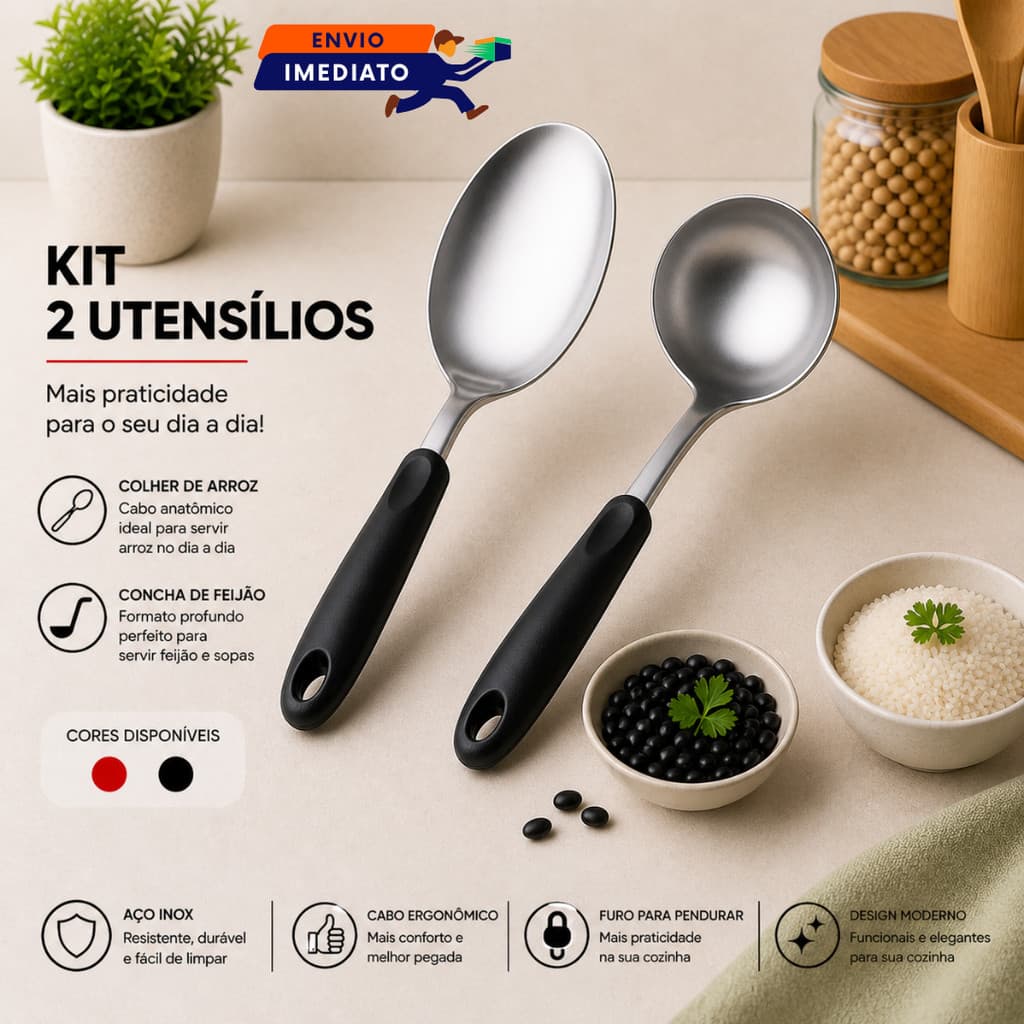 Colher de Arroz e Concha Inox Cabo Silicone Vermelho Preto