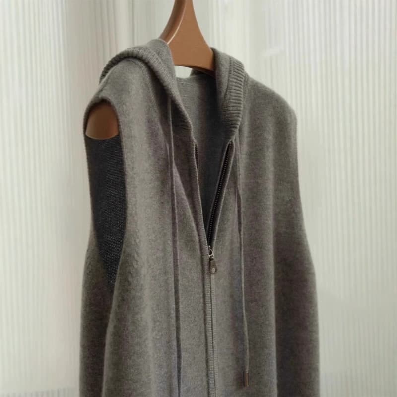 High-End cinza zíper com capuz colete de malha feminino outono inverno estilo dinheiro antigo Retro camisola colete sem
