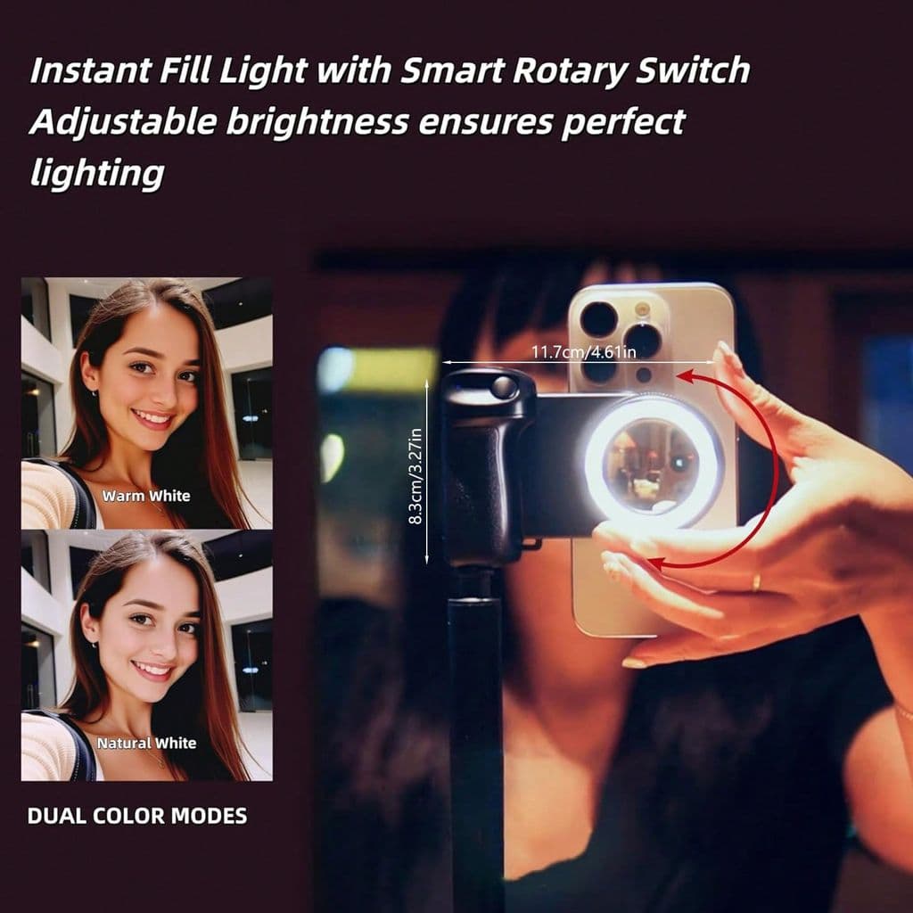 Suporte magnético recarregável para telefone de 750mAh, controle remoto Bluetooth Selfie + estabilizador de luz de preen