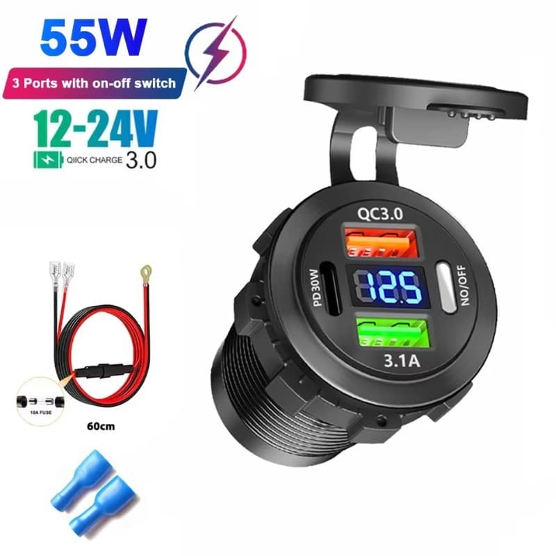 Soquete De Carregador De Carro De 3 Portas 12V/24V Tipo C E Tomada De Carregamento Rápido USB Duplo Com Voltímetro Adequ