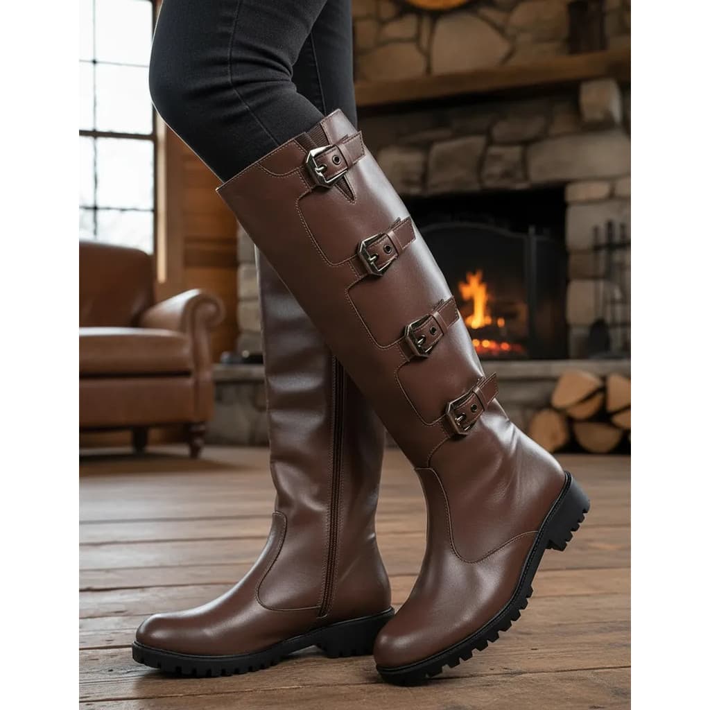 Bota Feminina Montaria Cano Longo Couro Fivela Antiderrapant