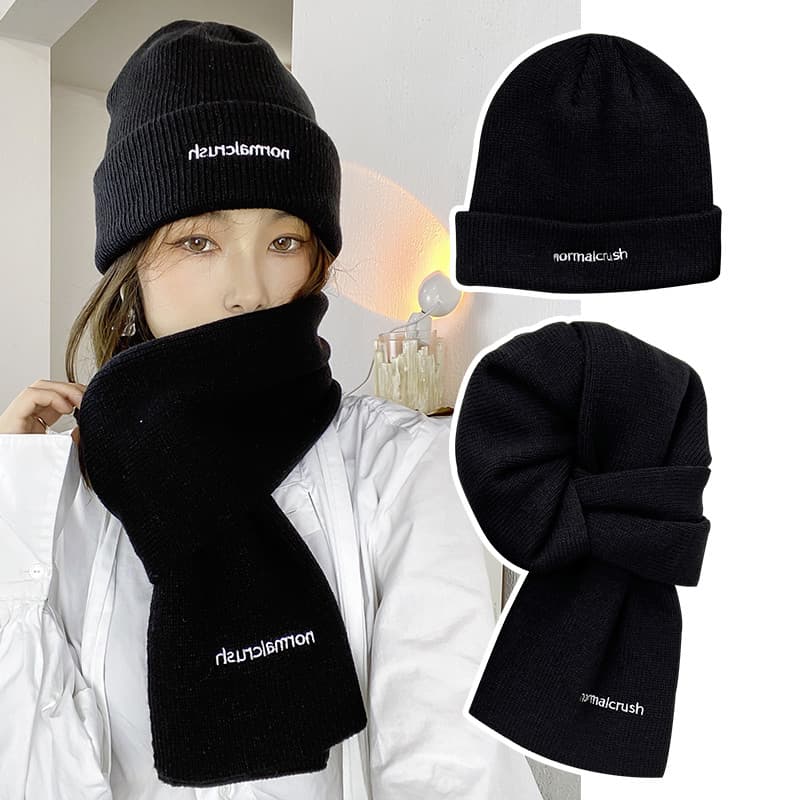 Cachecol de lã de malha chapéu terno de duas peças meninos meninas inverno puro preto curto cachecol manter quente ins n