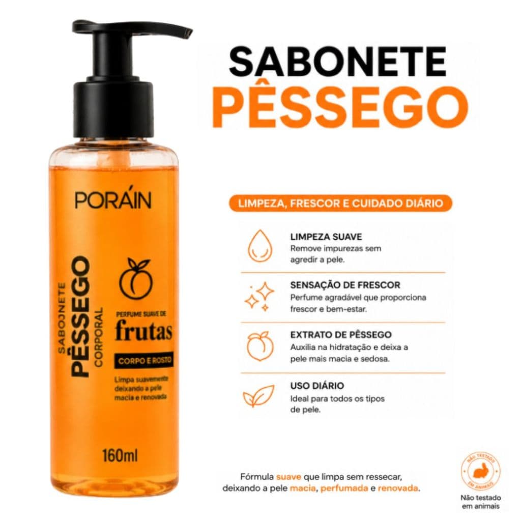 Sabonete Líquido Corpo e Rosto Porán Pêssego e Manteiga de Karité skincare Pele Macia e Hidratada