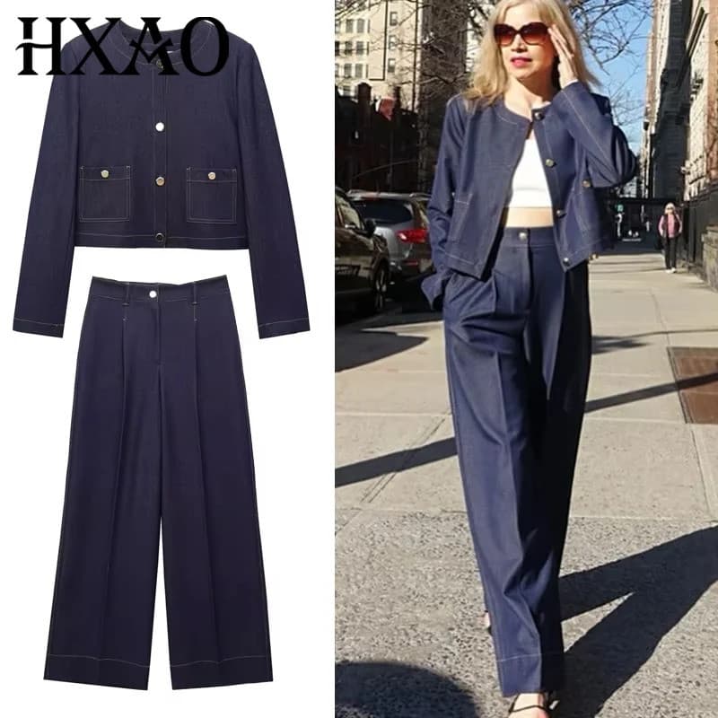 Conjunto de Calças HXAO 2025 para Mulheres, Conjunto de Duas Peças, Calça Larga Estilo Bomber, Conjunto de Jeans Casual