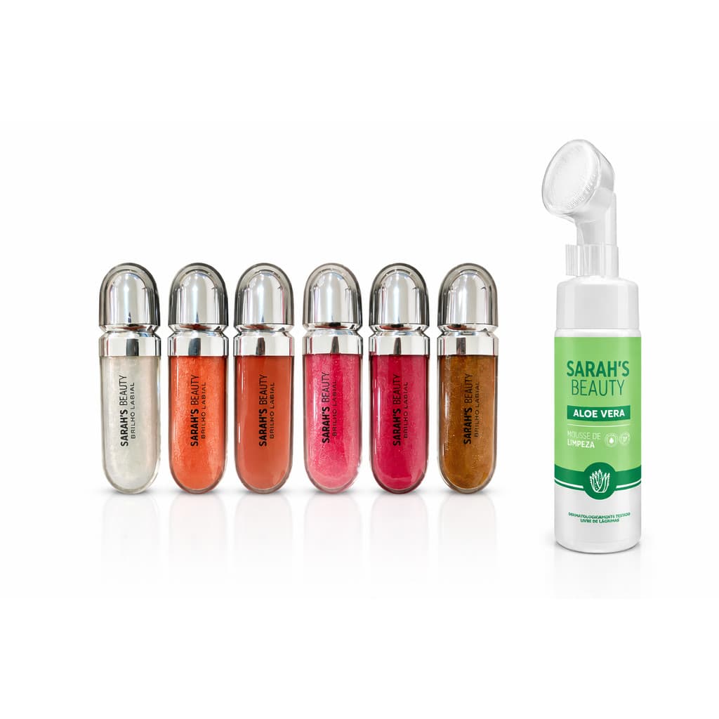 Kit dia dos namorados com 6 Gloss Brilho Labial Sarah's Beauty+ Mousse Facial verde