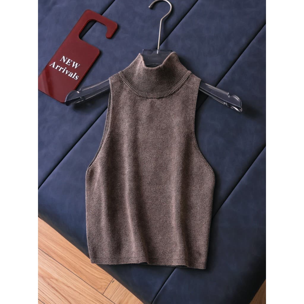 Retro cor sólida meia gola alta simples confortável elástico fino ajuste exterior usar sem mangas camisola em camadas fe