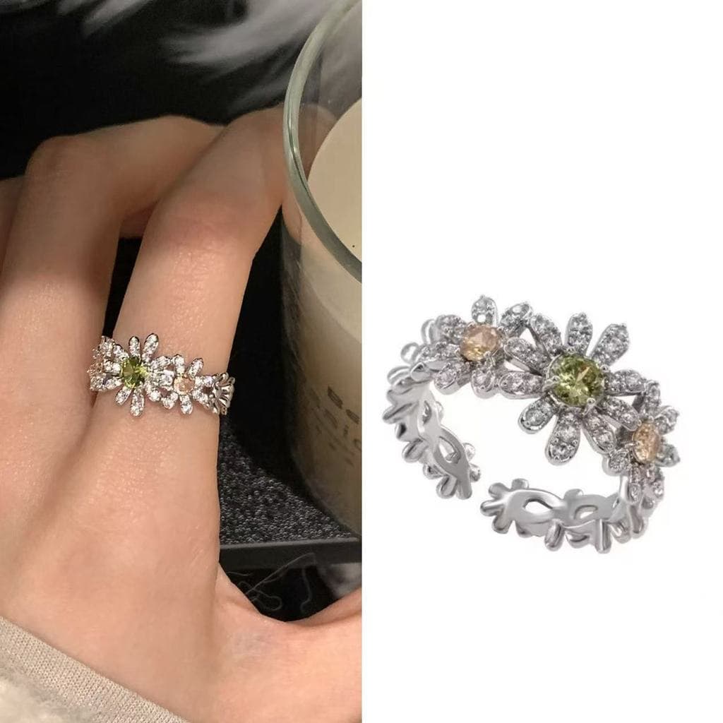 Luz de luxo cheio de diamante margarida flor anel aberto High-End personalidade temperamento flor anel de dedo indicador