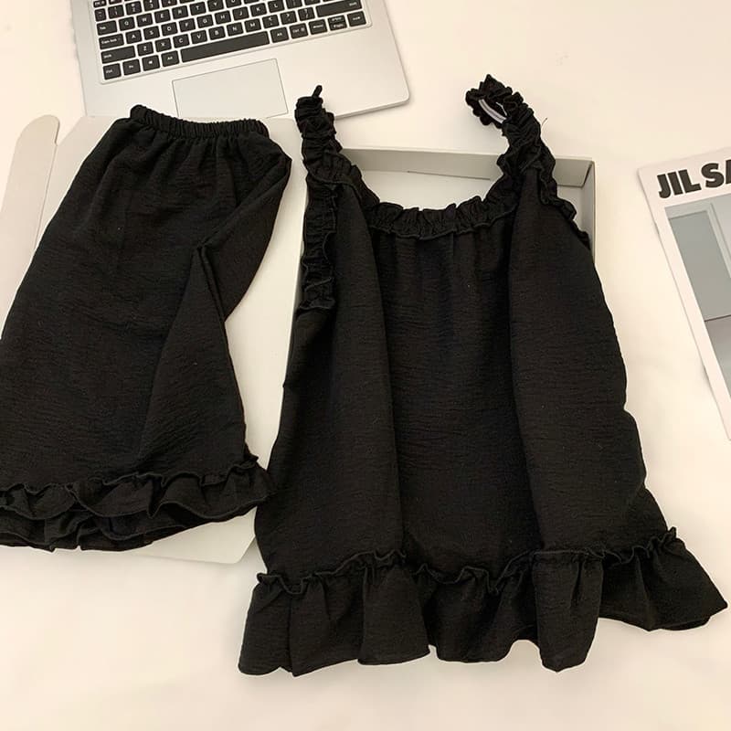 Sling pijamas feminino verão 2024 novo estilo verão nuvem algodão senhoras em torno do pescoço renda Casual preto terno