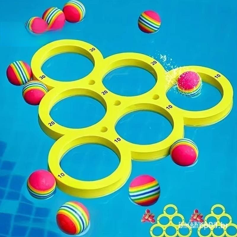 Mesa flutuante de 1 peça com 10 bolas, jogo de arremesso de argolas, esportes aquáticos, jogo de EVA para piscina