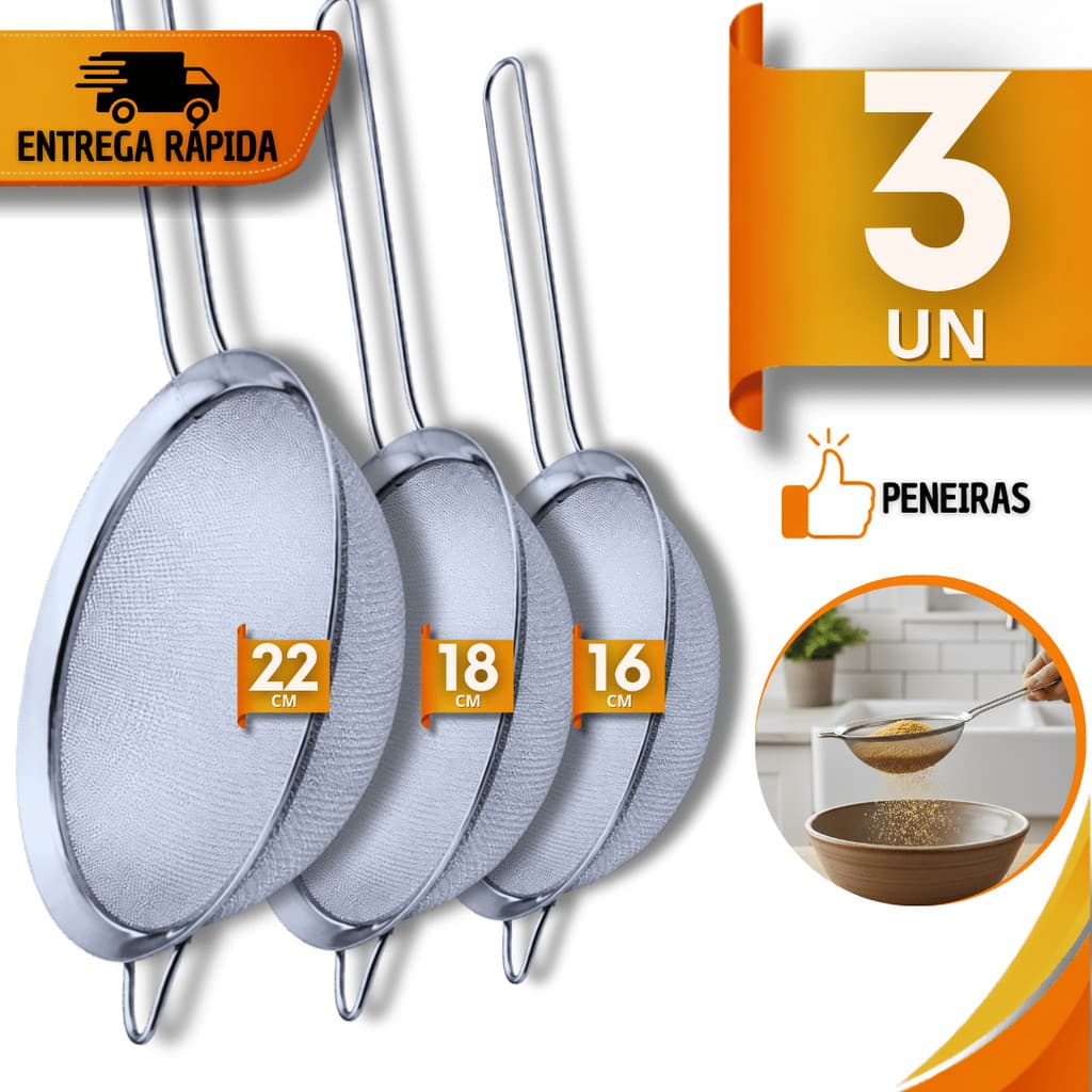 Conjunto Peneiras Aço Inox Coador 22/18/16cm Farinhas Suco Molhos Confeitaria Cozinha Multiuso Praticidades