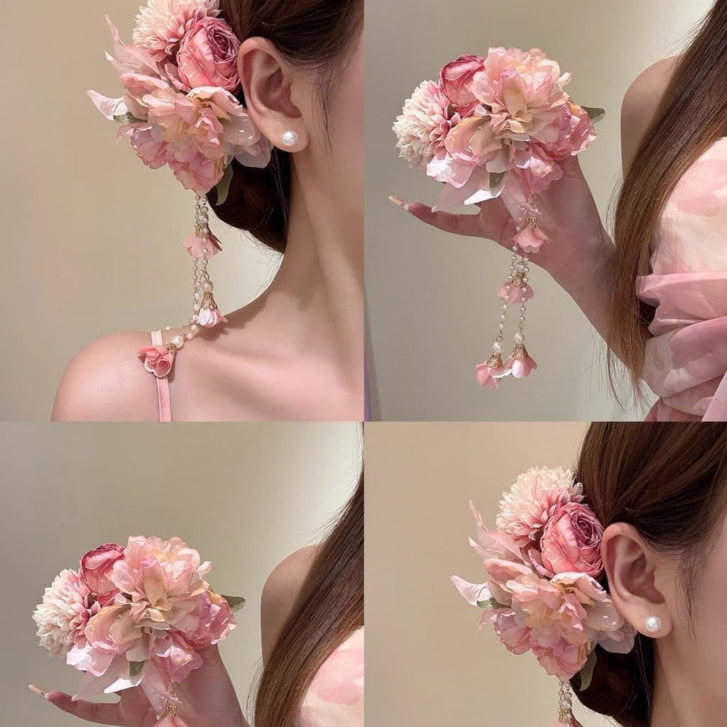 [Estoque pronto] Novo estilo chinês Super fada estilo suave rosa borla simulação flor grampo de cabelo Cheongsam Hanfu c