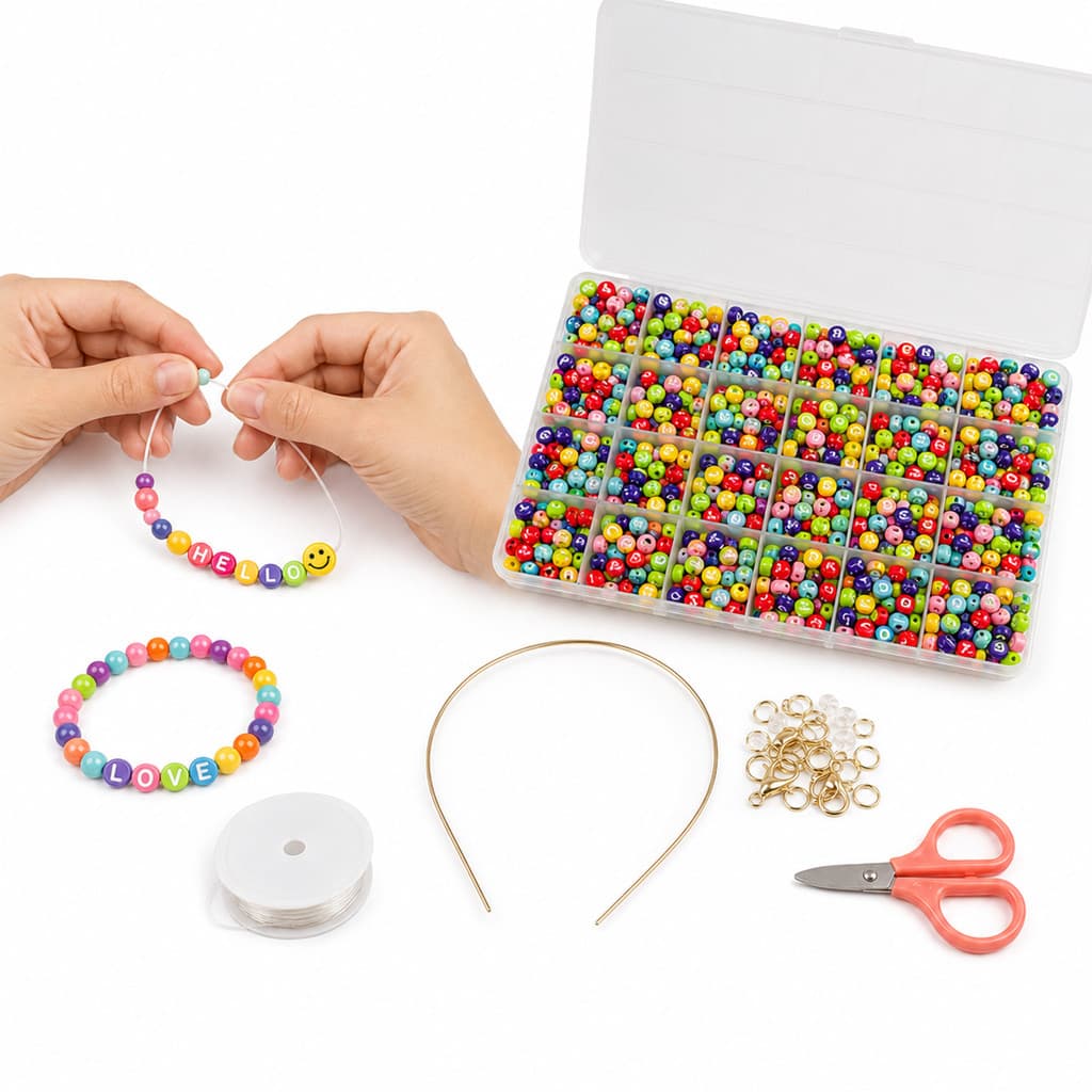 Kit Miçangas Coloridas Letras A-Z 1000 Peças Pulseiras Colares Caixa Organizadora Fio Fechos Tesoura