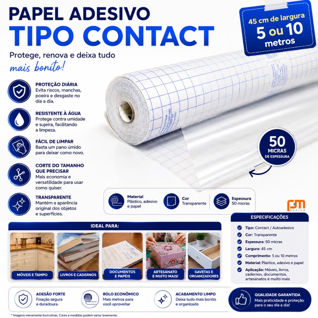 Papel Adesivo Transparente Tipo Contact Cristal 45cm Proteção e Revestimento