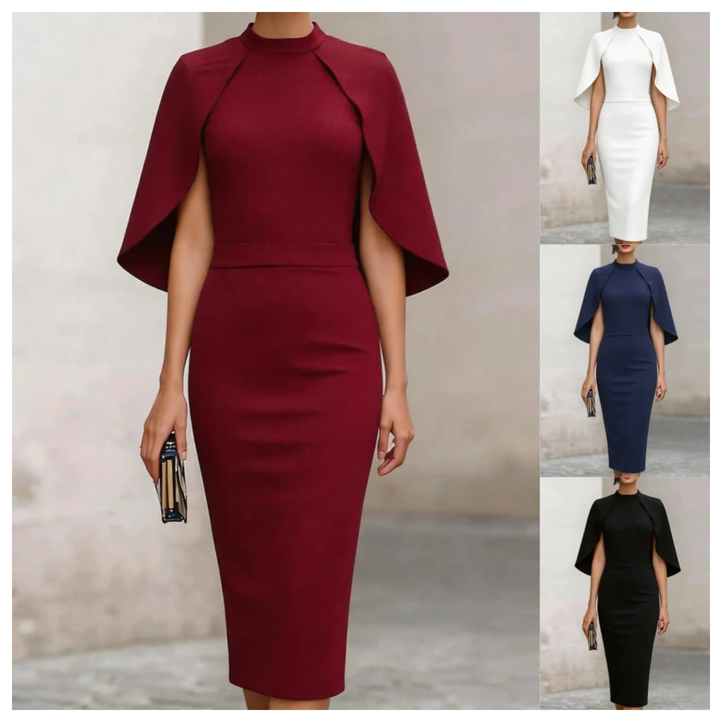 Vestido Feminino Manga Alta Pescoço Bodycon Lápis Midi Elegante Formal De Noite Festa Cocktail Fino Ajuste Capa Feminina