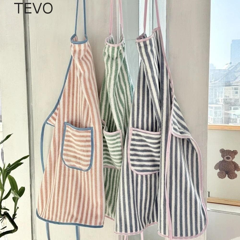 Avental De Lã Coral TEVO , Listrado Macio E Moderno , Ajustável Com Bolso Estilo Coreano , Homem Mulher