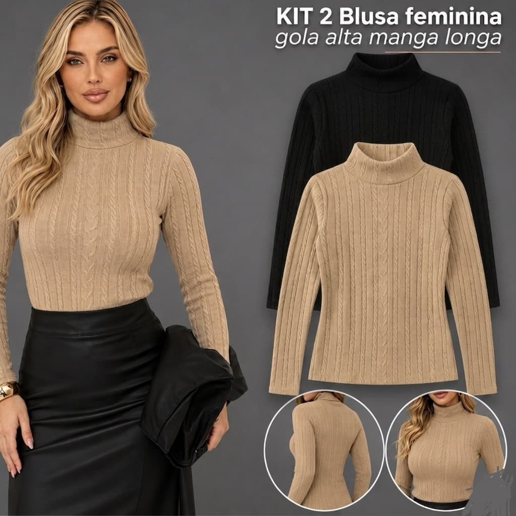 KIT 2 Blusas Feminina Cacharrel Ribanna Premium Gola Alta Manga Longa Social Segunda Pele Básica Para Inverno Frio