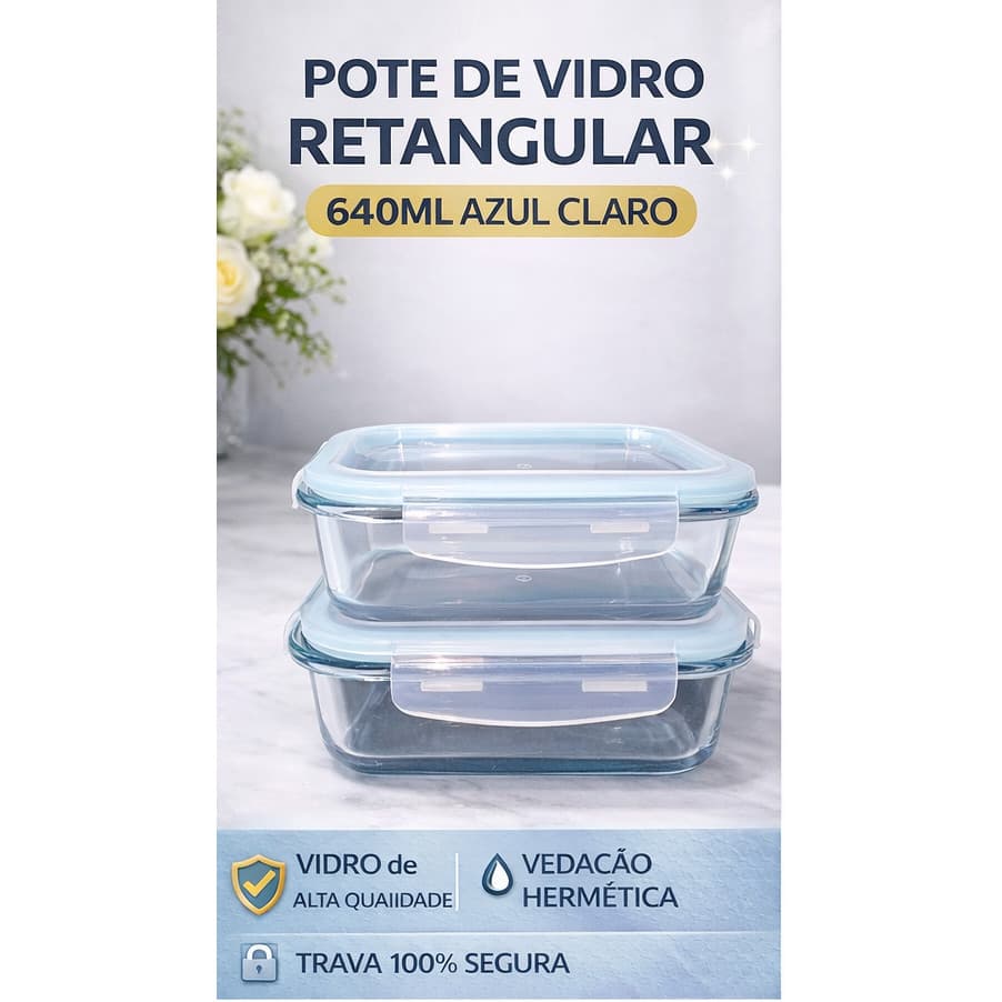 POTE DE VIDRO RETANGULAR 640ML – VEDAÇÃO HERMÉTICA | PRÁTICO, RESISTENTE E ELEGANTE
