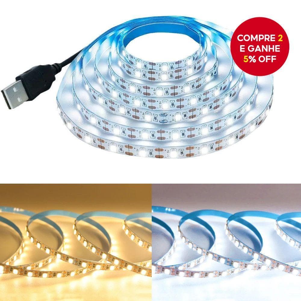 Fita de LED 2835 USB 5V branca e quente, ideal para luz traseira de TV e decoração, disponível em 1m a 5m.
