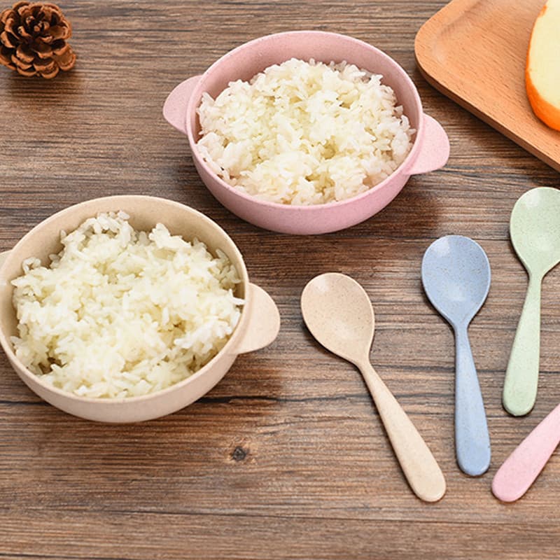 Conjunto de tigela e colher de palha de trigo ecológica + conjunto de utensílios infantis (adequado para bebês).