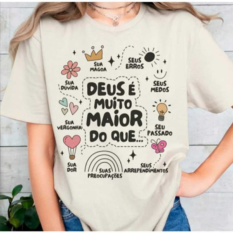 Camiseta Tshirt Feminina Blusa Algodão Gospel Cristão Deus é Muito Maior