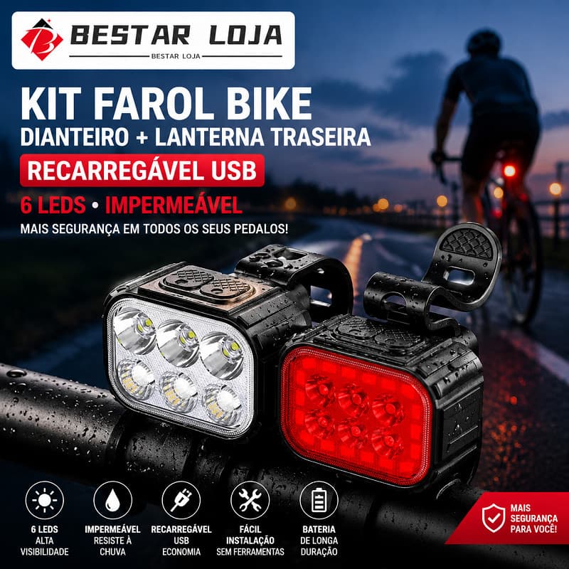 BESTAR LOJA Kit Farol Bike Dianteiro + Lanterna Traseira Recarregável USB 6 Leds Impermeável Bicicleta