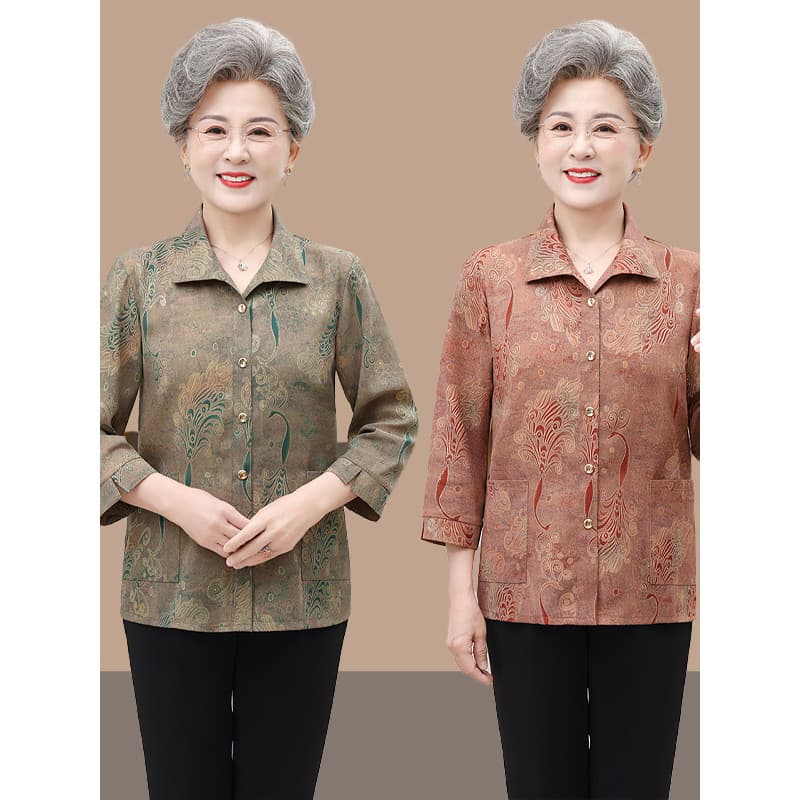 Camisa de lapela de manga três quartos de verão para mulheres idosas de meia-idade, avó, camisa Fashion elegante para mã