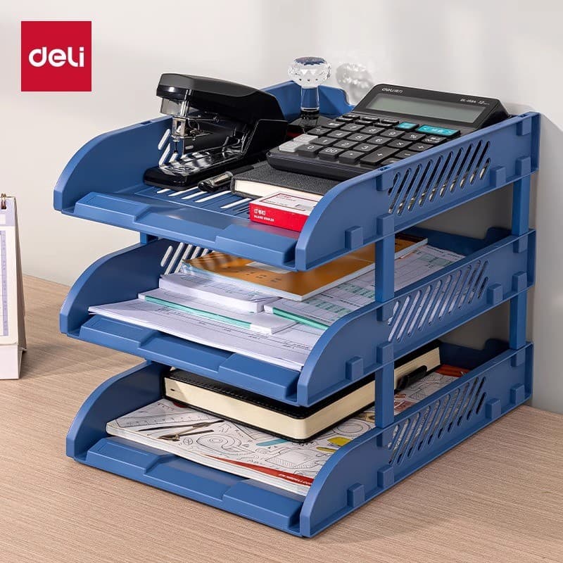 Novo produto Deli 9217ES Bandeja de arquivo Caixa de arquivo removível de plástico de três camadas Caixa de armazenament
