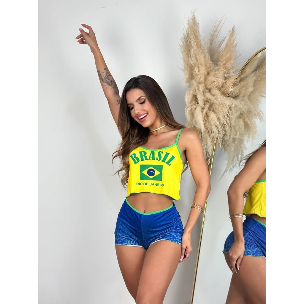 Baby Doll Glamour Brasil Feminino Conjunto Blusa e Short Confortável Torcida Seleção Pijama Estiloso