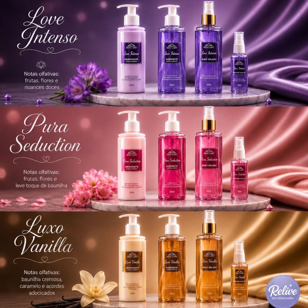Combo Completo MISS LARY 04 itens: Hidratante e Sabonete Corpo e Rosto Body Splash  Perfume Capilar