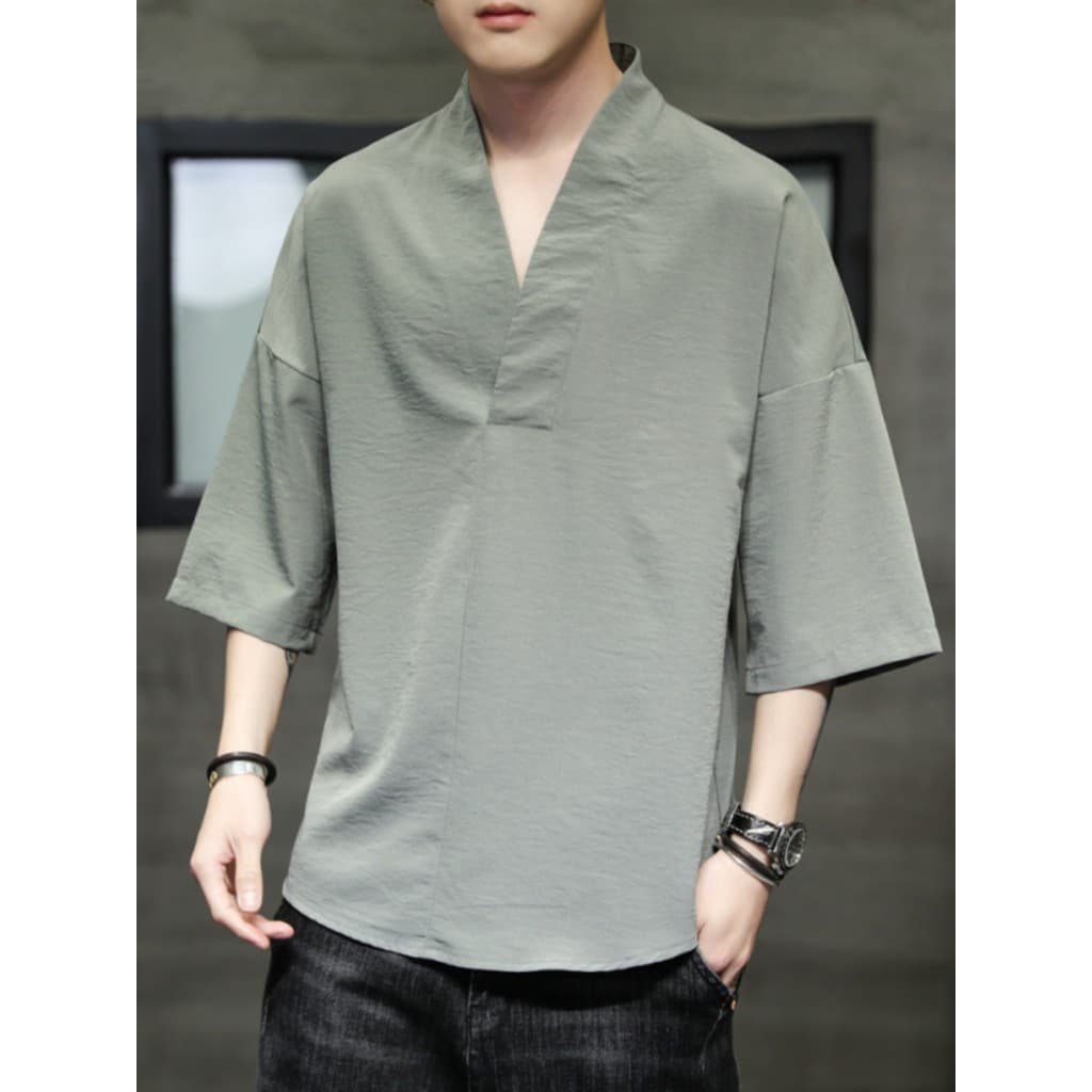 Verão gelo seda de manga curta camiseta masculina estilo chinês tamanho grande solto Hanfu estilo antigo Tang terno meia