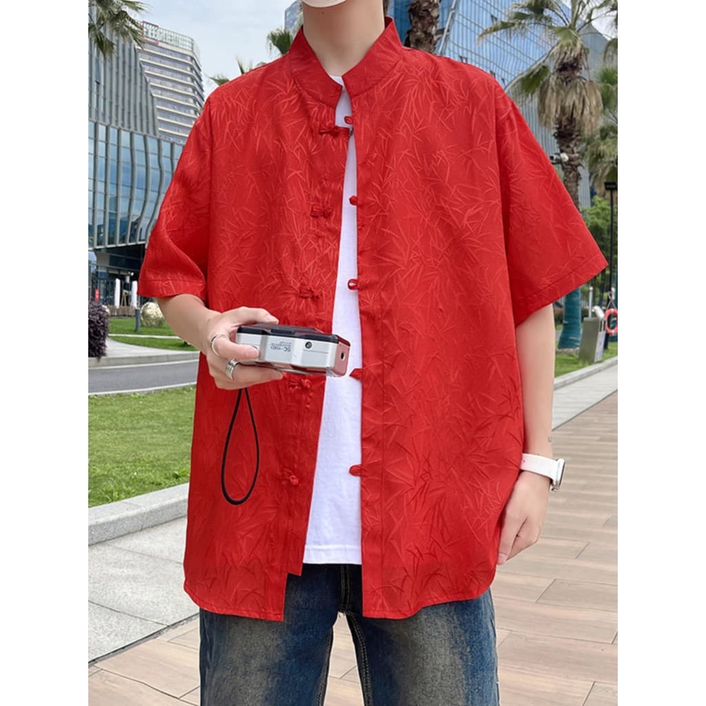 Verão novo estilo chinês Tang terno camisa de manga curta masculina 2025 novo estilo estilo chinês folha de bambu Jacqua