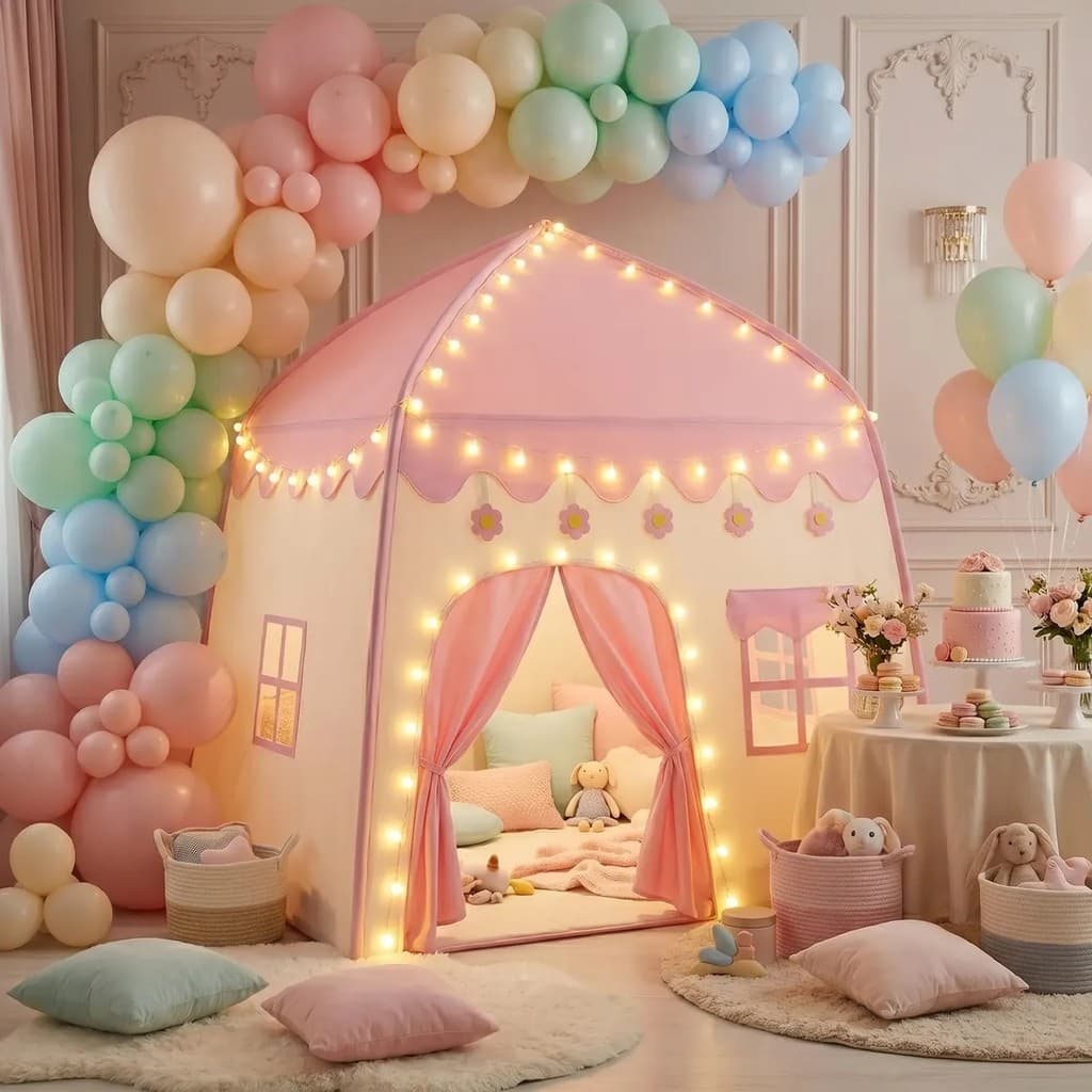 Barraca Infantil Casinha Princesa Com Luz LED Castelo Dobrável 130x130x100cm Tenda Infantil Brinquedo Crianças