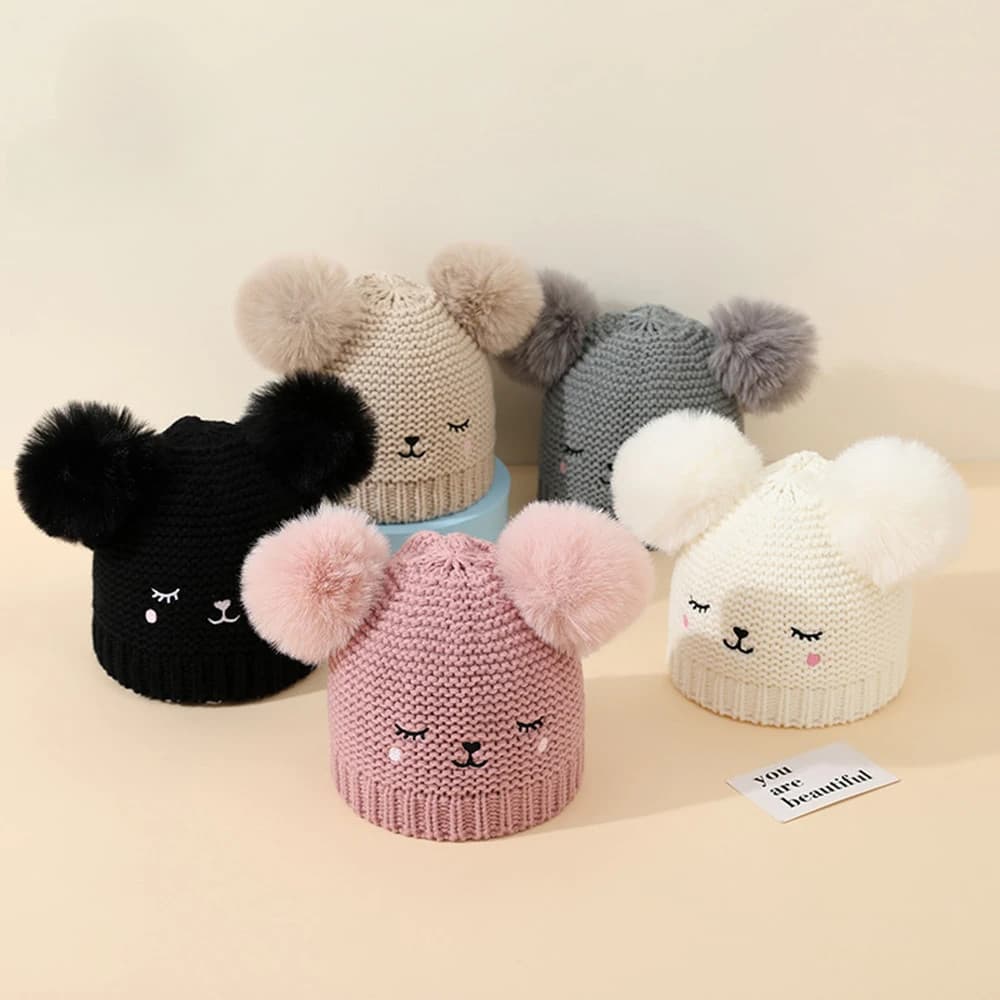 Chapéu De Inverno Grosso Bebê Malha Lã Dupla Bola Urso Gorros Do Para Crianças 0-12 Meses