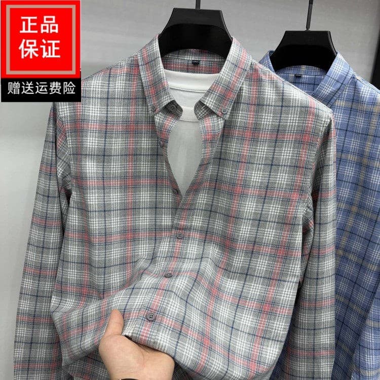 Clássico em camadas xadrez + yocell Tencel primavera moda masculina gola pontiaguda confortável respirável Casual camisa