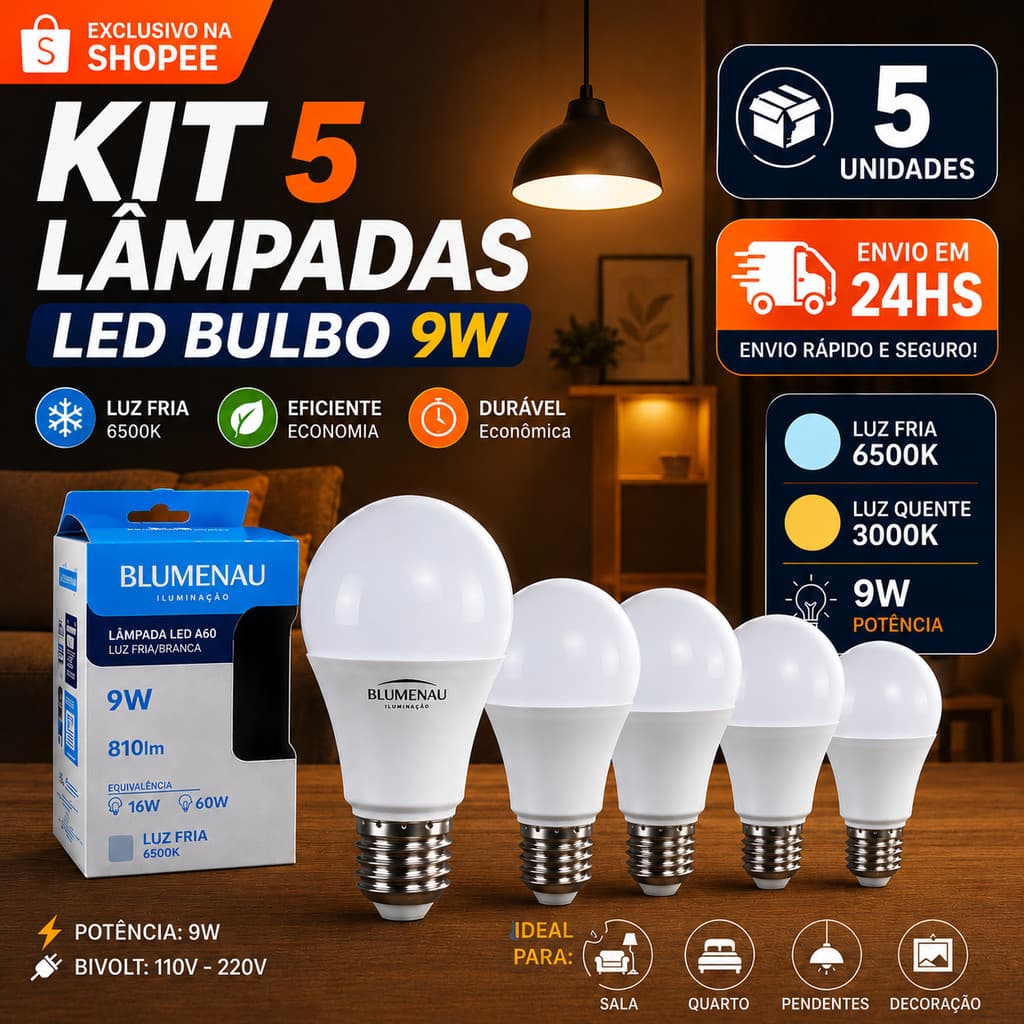 05 Lâmpadas Bivolt  Led 9W Iluminação Bulbo A60 Pera Branco Frio 6500K Branco Quente 3000K Luz Amarela E27 Bolinha globo
