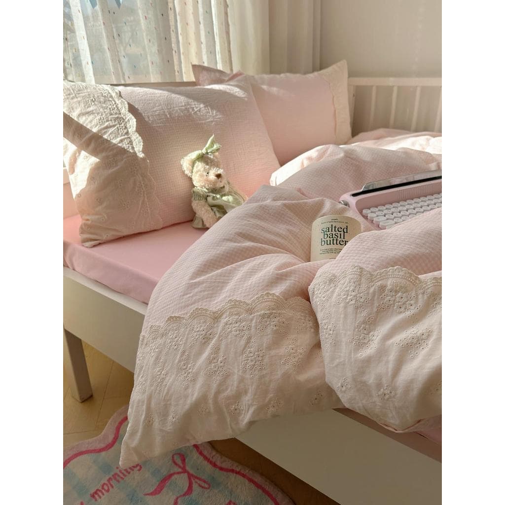 Creme verificado algodão puro renda lavado algodão cama conjunto de quatro peças ins estilo lençol colcha capa dormitóri