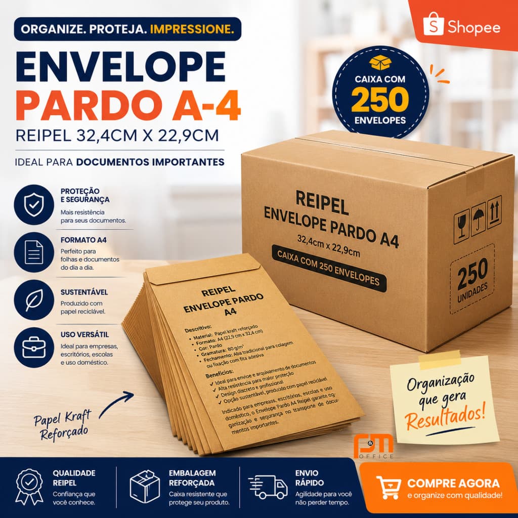 250 Envelopes Pardo A4 Reipel – Tamanho 32,4x22,9cm