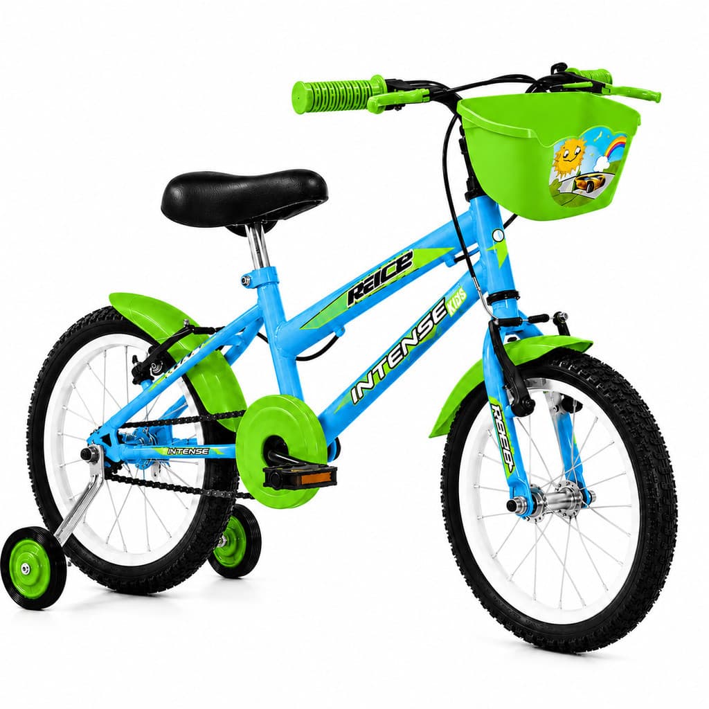 Bicicleta infantil Aro 16 V-brake Meninos com rodinha Colorida quadro Aço Carbono Intense Kids Cor Azul Claro/Verde