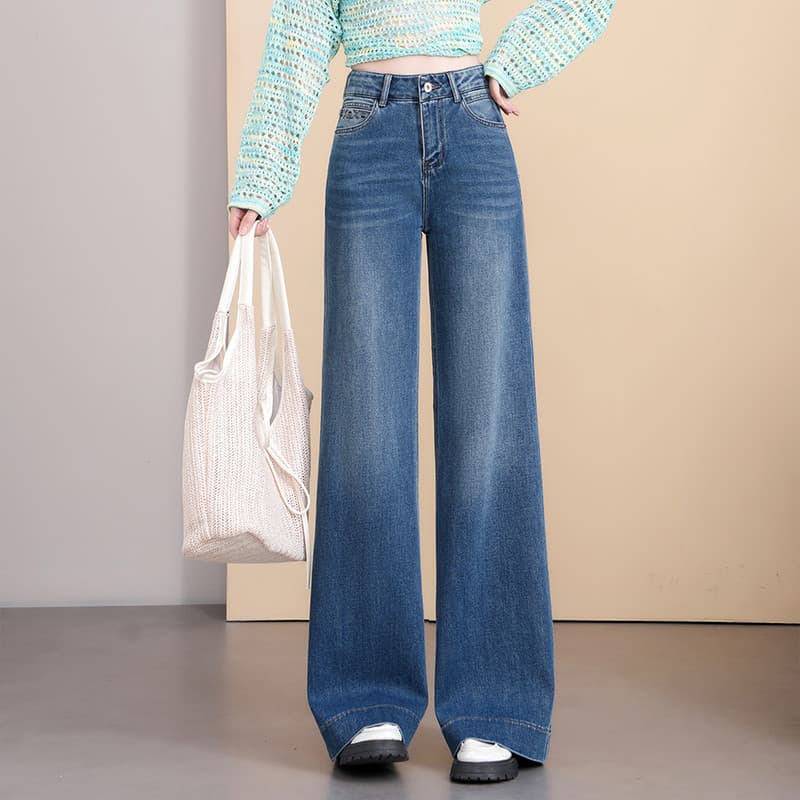 2026 primavera novo estilo cintura alta perna larga Jeans feminino solto mais magro olhar Drape All-Match temperamento C